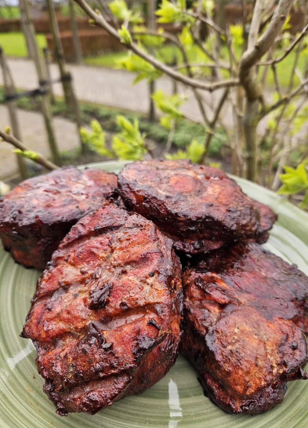 Malse houthakkerssteaks van varkensprocureur, prachtig gegaard op de barbecue.